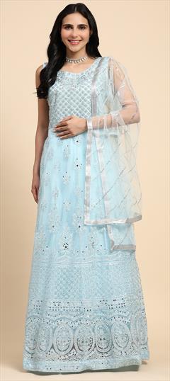 Reception, Wedding Blue color Gown in Net fabric with A Line Bugle Beads, Embroidered, Thread work : 1951143