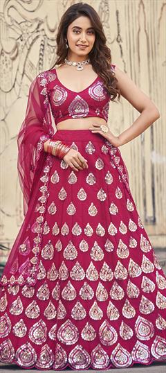 Bridal, Wedding Pink and Majenta color Lehenga in Net fabric with Flared Embroidered, Sequence, Thread work : 1951150