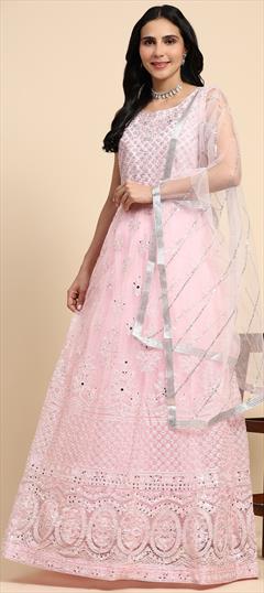 Reception, Wedding Pink and Majenta color Gown in Net fabric with A Line Bugle Beads, Embroidered, Thread work : 1951151