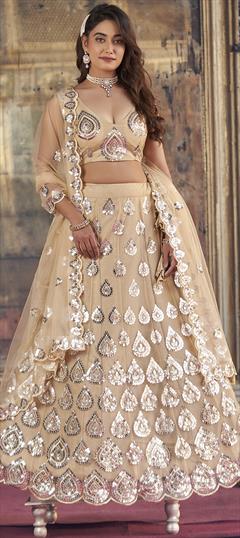Bridal, Wedding Gold color Lehenga in Net fabric with Flared Embroidered, Sequence, Thread work : 1951152