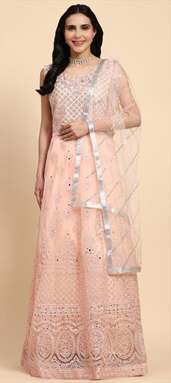 Reception, Wedding Pink and Majenta color Gown in Net fabric with A Line Bugle Beads, Embroidered, Thread work : 1951154