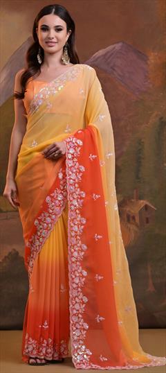Festive, Reception Yellow color Saree in Georgette fabric with Classic Sequence work : 1951159