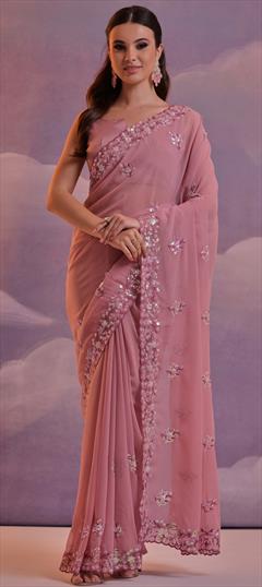 Festive, Reception Pink and Majenta color Saree in Georgette fabric with Classic Sequence work : 1951168