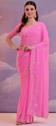 Festive, Reception Pink and Majenta color Saree in Georgette fabric with Classic Sequence work : 1951169