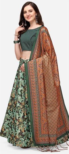 Festive, Party Wear, Reception Green color Lehenga in Satin Silk fabric with Umbrella Shape Floral, Printed work : 1951174