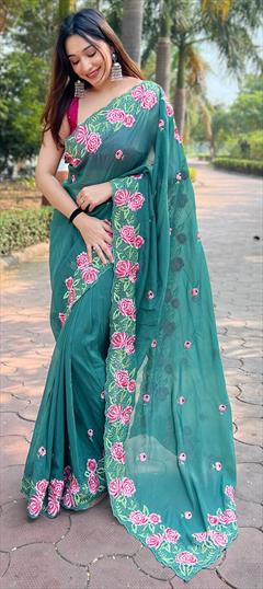 Festive, Party Wear, Traditional Green color Saree in Organza Silk fabric with Classic Embroidered, Resham, Thread work : 1951176