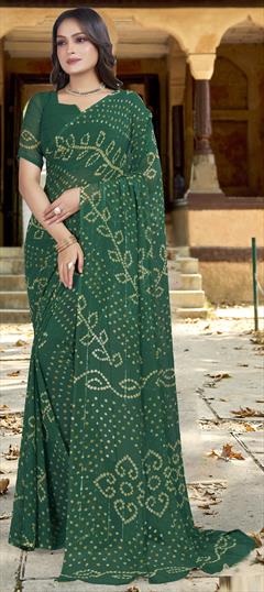 Festive, Party Wear Green color Saree in Georgette fabric with Classic, Rajasthani Bandhej, Printed, Sequence, Weaving work : 1951177