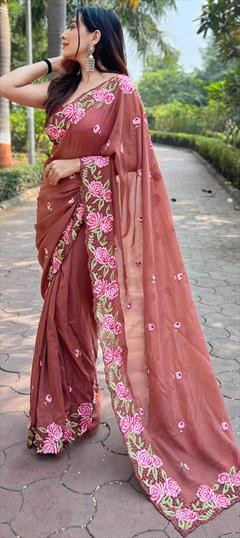 Festive, Party Wear, Traditional Beige and Brown color Saree in Organza Silk fabric with Classic Embroidered, Resham, Thread work : 1951178