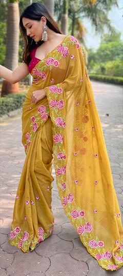 Festive, Party Wear, Traditional Yellow color Saree in Organza Silk fabric with Classic Embroidered, Resham, Thread work : 1951179