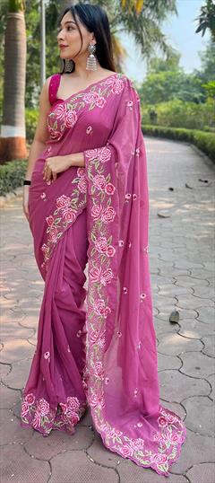 Festive, Party Wear, Traditional Pink and Majenta color Saree in Organza Silk fabric with Classic Embroidered, Resham, Thread work : 1951181