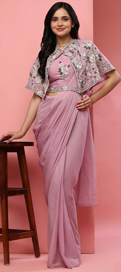 Engagement, Reception, Wedding Pink and Majenta color Readymade Saree in Chiffon fabric with Classic Embroidered, Thread work : 1951194