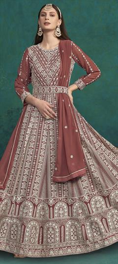 Festive, Party Wear, Reception Red and Maroon color Salwar Kameez in Faux Georgette fabric with Anarkali Embroidered, Resham, Sequence, Thread work : 1951246