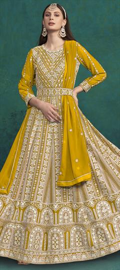 Festive, Party Wear, Reception Yellow color Salwar Kameez in Faux Georgette fabric with Anarkali Embroidered, Resham, Sequence, Thread work : 1951247