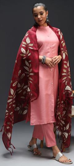 Casual Pink and Majenta color Salwar Kameez in Silk cotton fabric with Straight Thread work : 1951253