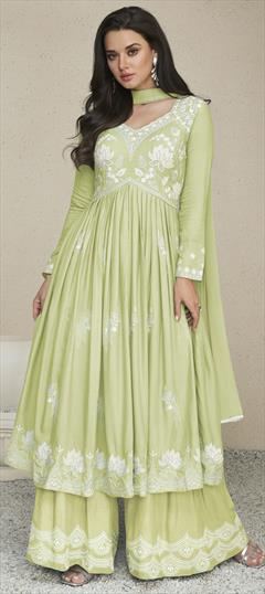Bollywood Green color Salwar Kameez in Rayon fabric with Anarkali, Palazzo Embroidered, Resham, Thread work : 1951261
