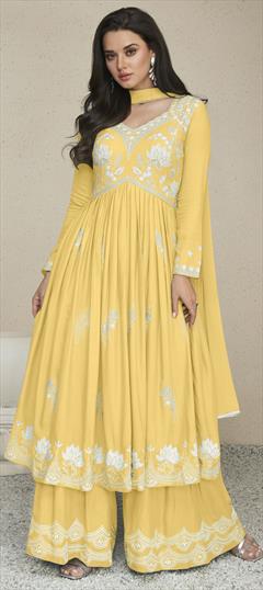 Bollywood Yellow color Salwar Kameez in Rayon fabric with Anarkali, Palazzo Embroidered, Resham, Thread work : 1951264