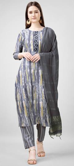 Festive, Party Wear Black and Grey color Salwar Kameez in Rayon fabric with Straight Printed, Thread work : 1951267