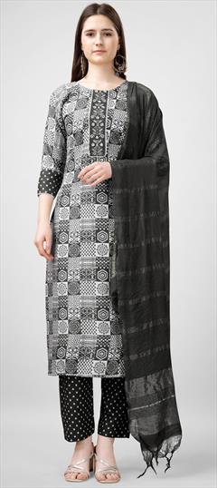 Festive, Party Wear Black and Grey color Salwar Kameez in Rayon fabric with Straight Printed, Thread work : 1951271