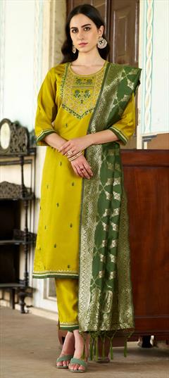 Festive, Party Wear Yellow color Salwar Kameez in Rayon fabric with Straight Embroidered, Resham, Sequence, Thread work : 1951284