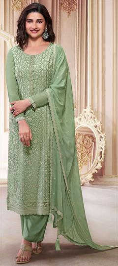 Bollywood Green color Salwar Kameez in Art Silk fabric with Straight Embroidered, Resham, Thread work : 1951293