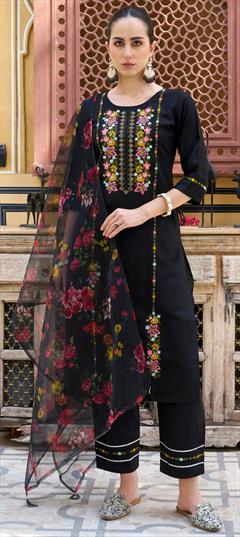 Festive, Party Wear Black and Grey color Salwar Kameez in Rayon fabric with Straight Embroidered, Resham, Sequence, Thread work : 1951295