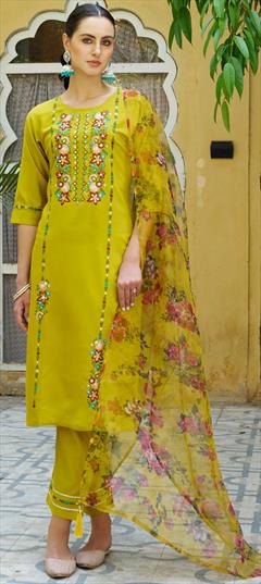 Festive, Party Wear Yellow color Salwar Kameez in Rayon fabric with Straight Embroidered, Resham, Sequence, Thread work : 1951296