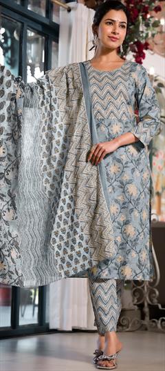 Party Wear Black and Grey color Salwar Kameez in Cotton fabric with Straight Printed work : 1951300