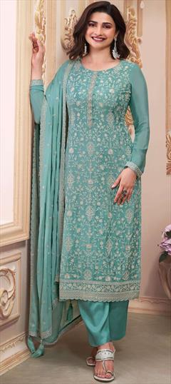 Bollywood Blue color Salwar Kameez in Art Silk fabric with Straight Embroidered, Resham, Thread work : 1951305