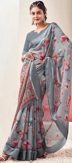 Festive, Party Wear Black and Grey color Saree in Georgette fabric with Classic Floral, Printed work : 1951312