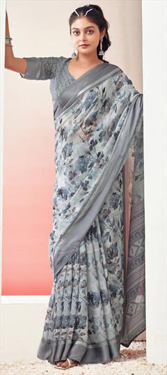 Festive, Party Wear Black and Grey color Saree in Georgette fabric with Classic Floral, Printed work : 1951315