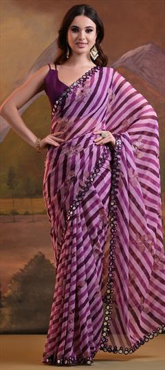 Festive, Mehendi Sangeet, Reception Purple and Violet color Saree in Georgette fabric with Classic Foil Print, Lehariya, Mirror, Printed work : 1951326