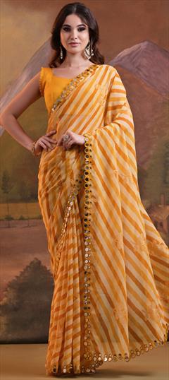 Festive, Mehendi Sangeet, Reception Yellow color Saree in Georgette fabric with Classic Foil Print, Lehariya, Mirror, Printed work : 1951332