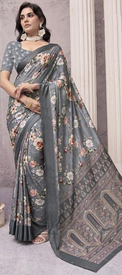 Festive, Party Wear Black and Grey color Saree in Georgette fabric with Classic Floral, Printed work : 1951335