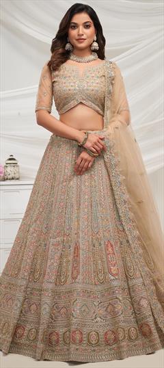 Bridal, Wedding Beige and Brown color Lehenga in Net fabric with Flared Embroidered, Patch, Sequence, Thread, Zari work : 1951348