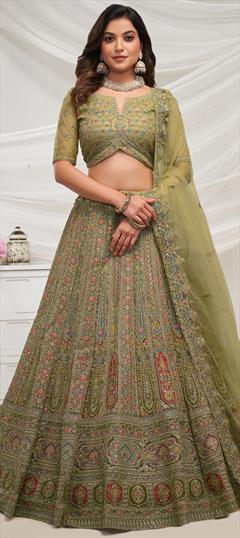 Bridal, Wedding Green color Lehenga in Net fabric with Flared Embroidered, Patch, Sequence, Thread, Zari work : 1951351