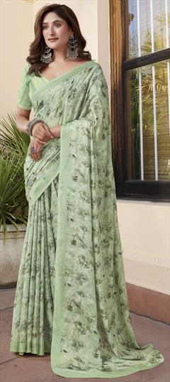 Festive, Party Wear Green color Saree in Georgette fabric with Classic Floral, Printed work : 1951359
