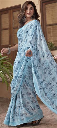 Festive, Party Wear Blue color Saree in Georgette fabric with Classic Floral, Printed work : 1951366