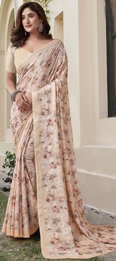 Festive, Party Wear White and Off White color Saree in Georgette fabric with Classic Floral, Printed work : 1951367
