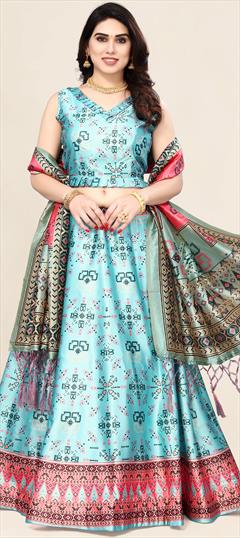 Festive, Reception Blue color Lehenga in Satin Silk fabric with Flared Printed work : 1951382