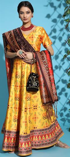 Festive, Reception Yellow color Lehenga in Satin Silk fabric with Flared Printed work : 1951383
