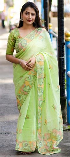 Festive, Party Wear, Traditional Green color Saree in Linen fabric with Bengali Embroidered, Floral, Printed work : 1952493