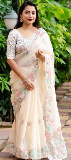 Festive, Party Wear, Traditional White and Off White color Saree in Linen fabric with Bengali Embroidered, Floral, Printed work : 1952495