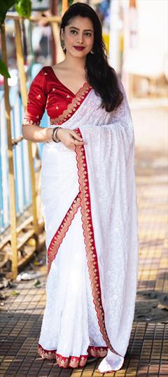 Festive, Party Wear White and Off White color Saree in Georgette fabric with Classic Border work : 1952506