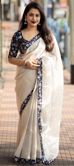 Festive, Party Wear, Traditional White and Off White color Saree in Linen fabric with Bengali Border, Mirror work : 1952508