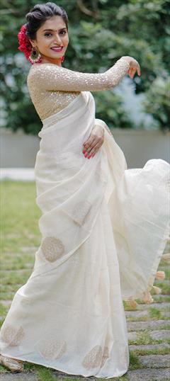 Festive, Party Wear, Traditional White and Off White color Saree in Linen fabric with Bengali Printed work : 1952510