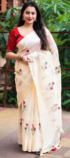 Festive, Party Wear, Traditional White and Off White color Saree in Blended fabric with Bengali Printed work : 1952511