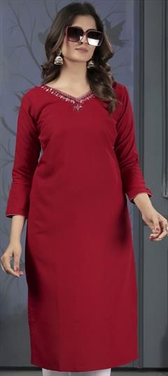 Casual Red and Maroon color Kurti in Cotton fabric with Long Sleeve, Straight Embroidered, Resham, Zari work : 1952597