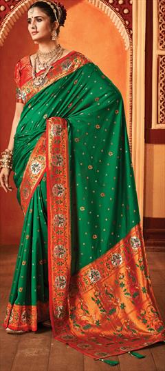 Traditional, Wedding Green color Saree in Silk fabric with South Swarovski, Weaving work : 1952771