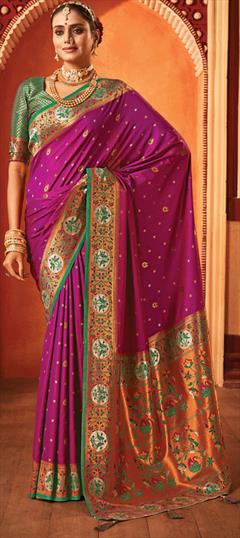 Traditional, Wedding Red and Maroon color Saree in Silk fabric with South Swarovski, Weaving work : 1952773