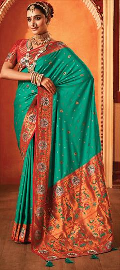 Traditional, Wedding Blue color Saree in Silk fabric with South Swarovski, Weaving work : 1952774